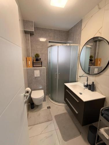 a bathroom with a shower and a toilet and a sink at Apartman Maras in Posušje