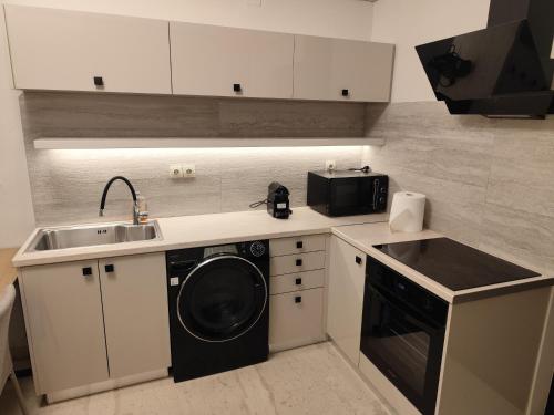 a kitchen with a sink and a washing machine at Urban Mountain House in Karpenision