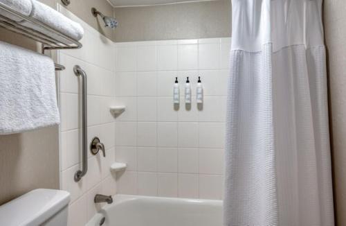 a bathroom with a shower curtain and a bath tub at SpringHill Suites by Marriott Baton Rouge North / Airport in Baton Rouge