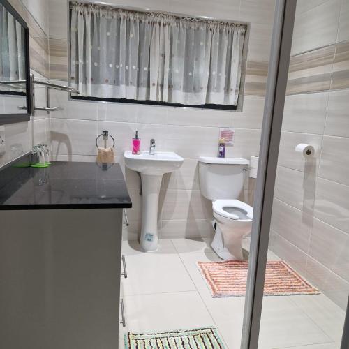 a bathroom with a toilet and a sink at Ashley's Cottage in Himeville