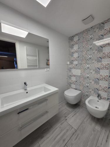 a bathroom with a sink and a toilet and a mirror at Apartment Ski Marilleva 1400 in Marilleva