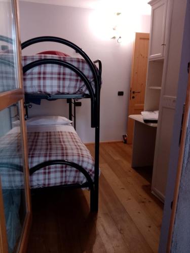two bunk beds in a small room with a counter at Bernina House in Chiesa in Valmalenco