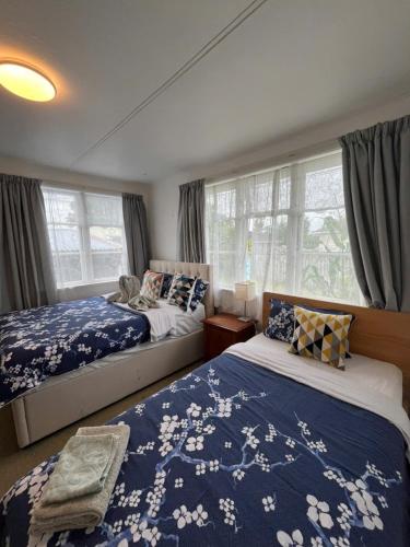 a bedroom with two beds and two windows at Cosy Corner in Hamilton
