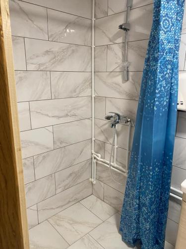 a shower with a blue shower curtain in a bathroom at Durmitor Bella in Žabljak
