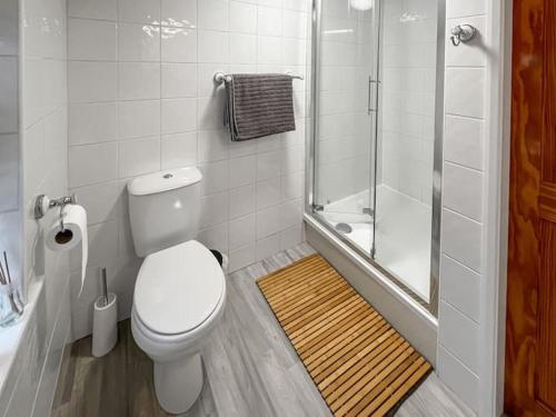 a bathroom with a toilet and a shower at Tap Cottage in Burgh le Marsh