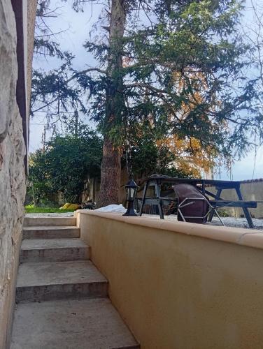 a set of stairs with a table and a tree at Logement en souplexe indépendant dans une propriété in Castres