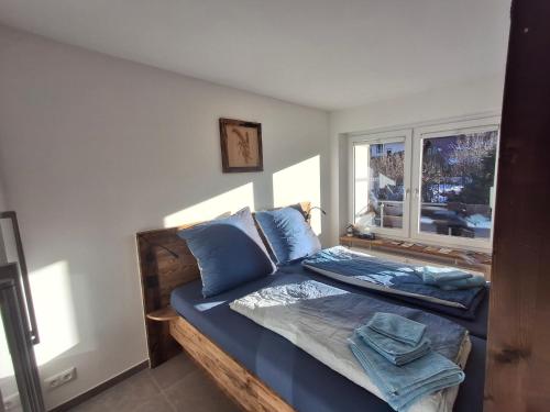 ein Schlafzimmer mit einem Bett mit blauen Kissen und einem Fenster in der Unterkunft Spatz am Joch Zeit für Berge in Bad Hindelang