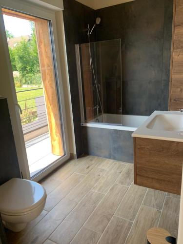 a bathroom with a toilet and a sink and a tub at Le chalet O'Perché - Wissembourg in Wissembourg
