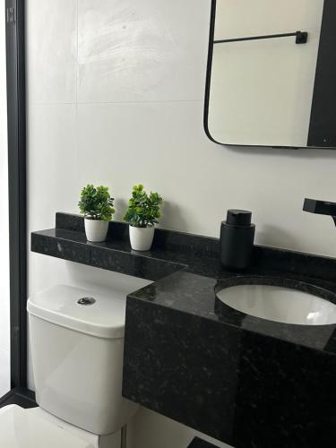 a bathroom with a toilet and a sink with potted plants at Apto 01 casal praia e vista montanhas in Governador Celso Ramos