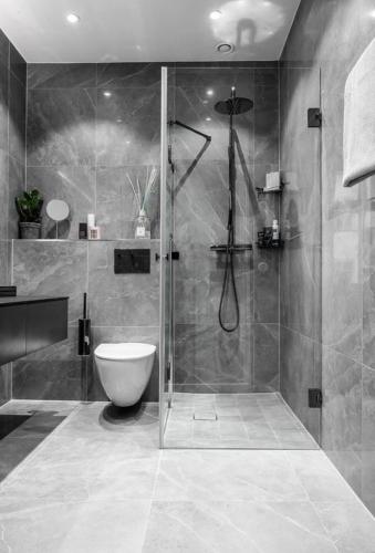 een badkamer met een douche en een toilet. bij kusum properties in Trofwi