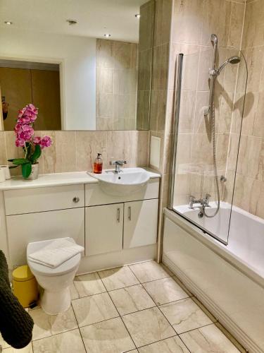 a bathroom with a toilet and a sink and a shower at VIPAbodes at Woking Central in Woking
