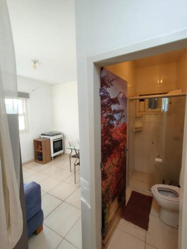 a bathroom with a toilet in a room at Kitnet no Morro dos Conventos in Araranguá