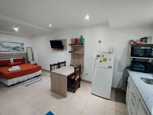 eine kleine Küche mit Kühlschrank und einem Bett in der Unterkunft Refugio Sureño departamento completo centrico wifi in Ushuaia