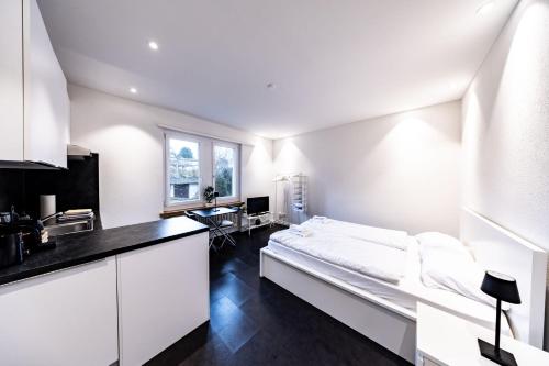 a white room with a bed and a kitchen at Lea Apartement - Ruhiges Studio in Schaffhausen