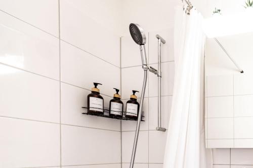 een plank in de douche met vier flessen alcohol bij Josephines Studio in Schaffhausen