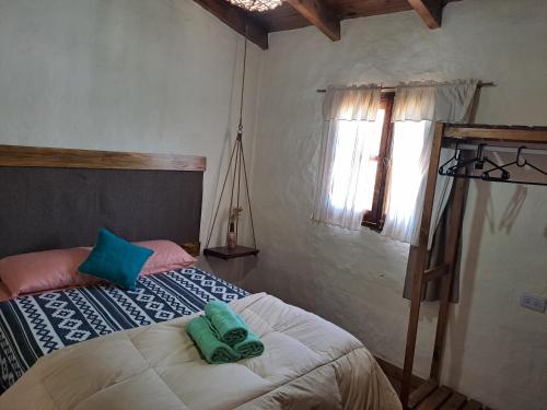 una camera da letto con un letto con due cuscini sopra di PORTAL DE LA OVEJERIA a Tafí del Valle