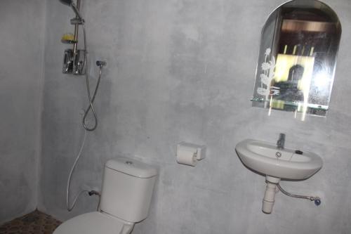 a bathroom with a toilet and a sink and a mirror at North Pagai Bungalows in Pulau Silabusabeu