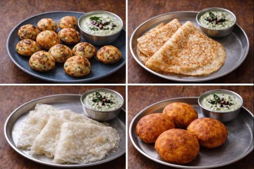 eine Gruppe von vier Bildern von Essen auf einem Teller in der Unterkunft Omkar Coastal Retreat in Kāsarkod