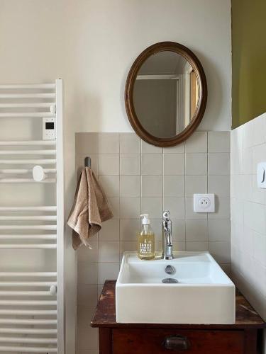 a bathroom with a white sink and a mirror at Le Petit Logis in Marcigny