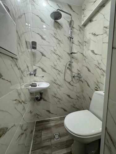 a bathroom with a shower and a toilet and a sink at Mini House Shumen in Shumen