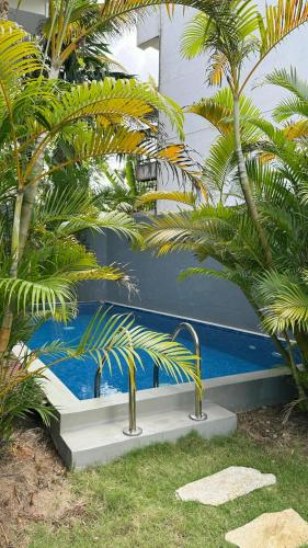 a blue bench sitting next to some palm trees at Priima in Ahangama