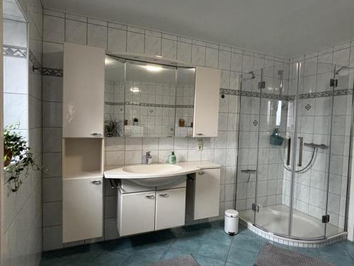 une salle de bain avec lavabo et douche dans l'établissement NEU! Ferienwohnung Zwei Linden, à Uthlede