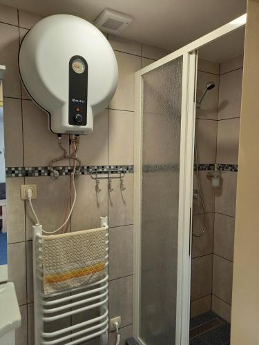 a shower with a camera on the wall in a bathroom at Penzion Adam - Makov in Makov