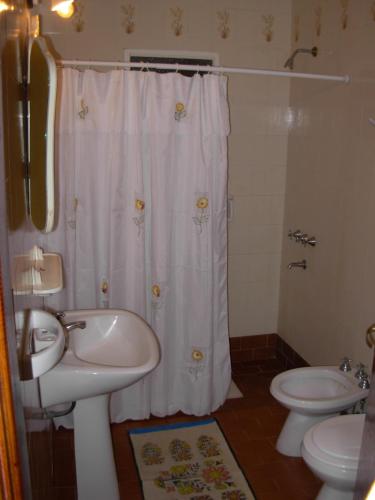 a bathroom with a sink and a shower curtain at susana in La Falda