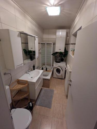 a bathroom with a sink and a washing machine at Klagenfurt Apartment in Klagenfurt