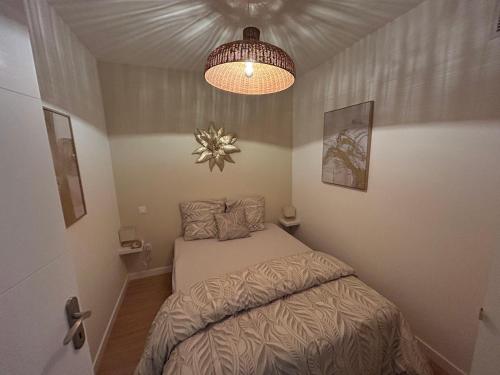 een kleine slaapkamer met een bed en een kroonluchter bij Romantic Victorian guest room calm environment in Gragnague