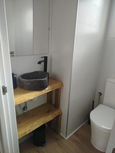 a bathroom with a sink and a toilet at Casita acristalada con jacuzzi in Tiñosa Alta