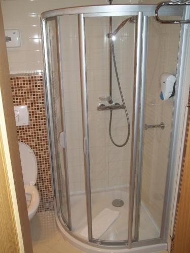 a shower stall in a bathroom with a toilet at Apartment 216 NiM unutar kompleksa Aparthotel Vučko in Jahorina