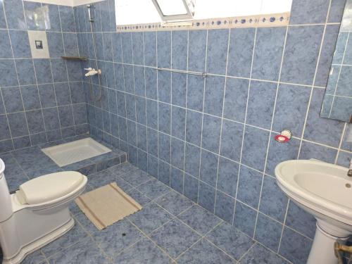 a blue tiled bathroom with a toilet and a sink at Chambre Bleu - Coco Room Nosy-Be in Nosy Be