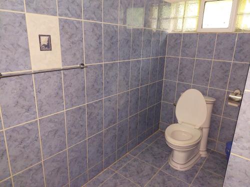 a bathroom with a toilet and blue tiles at Appartement Baie-Rose SP Nosy-Be in Nosy Be
