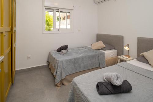 a bedroom with two beds and a window at Villa Le Manguier - Logement Manka, Piscine privée in Goyave