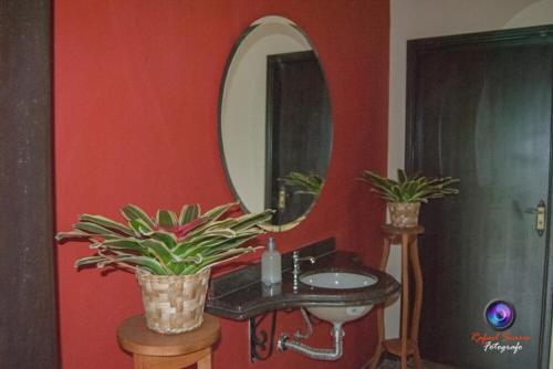 a bathroom with a sink and a mirror at Hotel Fazenda Topada in Baependi