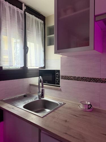 een keuken met een spoelbak en een magnetron bij Studio cosy et calme à Garches in Garches