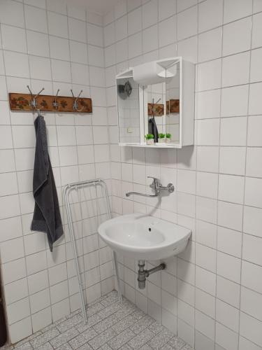 een wit betegelde badkamer met een wastafel en een spiegel bij KaTi Hiša 