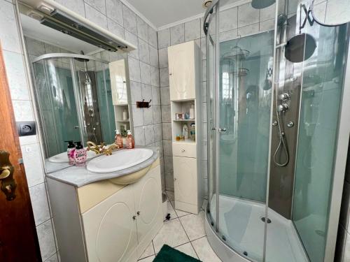 a bathroom with a sink and a shower at Le Chalet des 4 Chouettes in Gérardmer