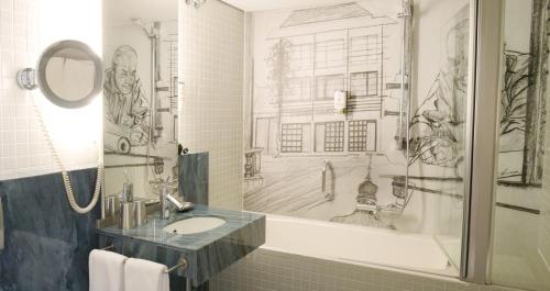 a bathroom with a drawing of a shower and a sink at Hotel Prinz Carl in Buchen