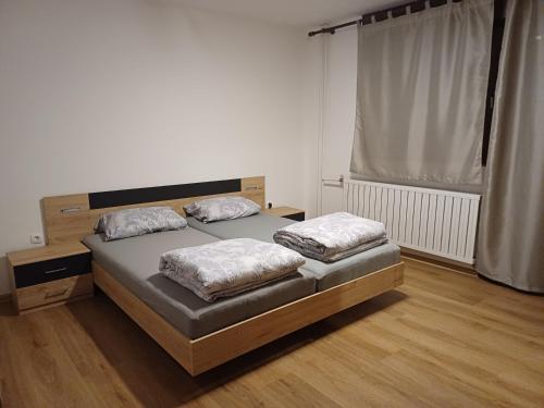 een slaapkamer met twee bedden en een groot raam bij KaTi Hiša 