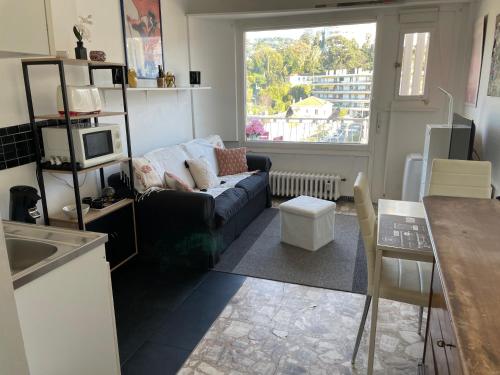 un salon avec un canapé et une fenêtre dans l'établissement Studio, à Cannes