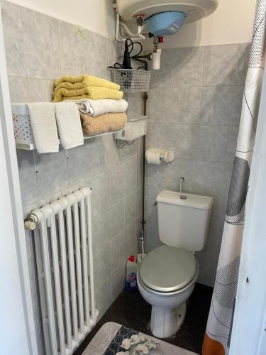 une petite salle de bain avec toilettes et serviettes dans l'établissement Studio, à Cannes