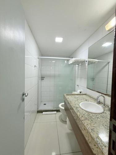 a bathroom with a sink and a toilet and a mirror at Imperial Flat orla de tambáu in João Pessoa