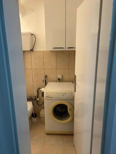 een kleine badkamer met een wasmachine en een toilet bij Apartman Borkica in Mladenovac