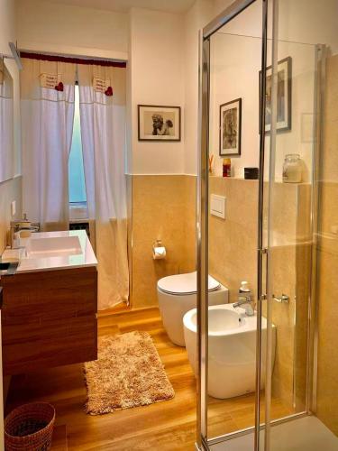 a bathroom with a shower and a toilet and a sink at Luxury 3 bedroom Grand Chalet in Perosa Argentina