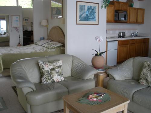 a living room with two couches and a kitchen at Belle Vue Waimea B&B Corporation - Big Island of Hawaii in Waimea
