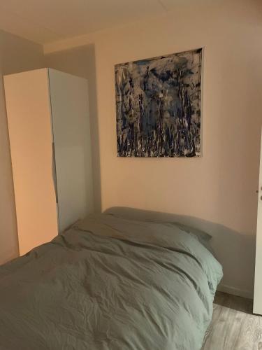 a bedroom with a bed and a painting on the wall at Lake view, private balcony in Skanderborg