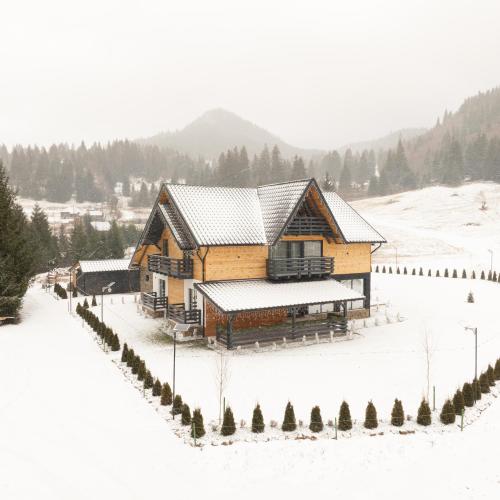 a log cabin in the snow with snow at Meștera 9 in Stînceni