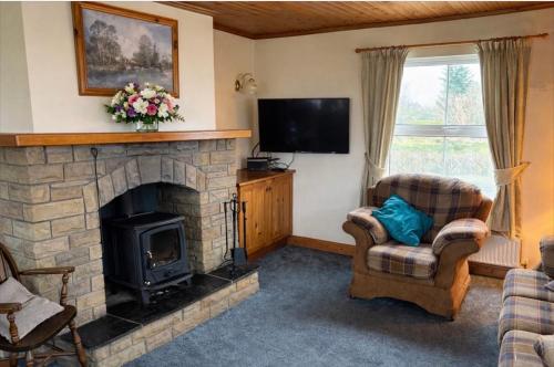 a living room with a fireplace and a television at Sonnys Rest in Ardara